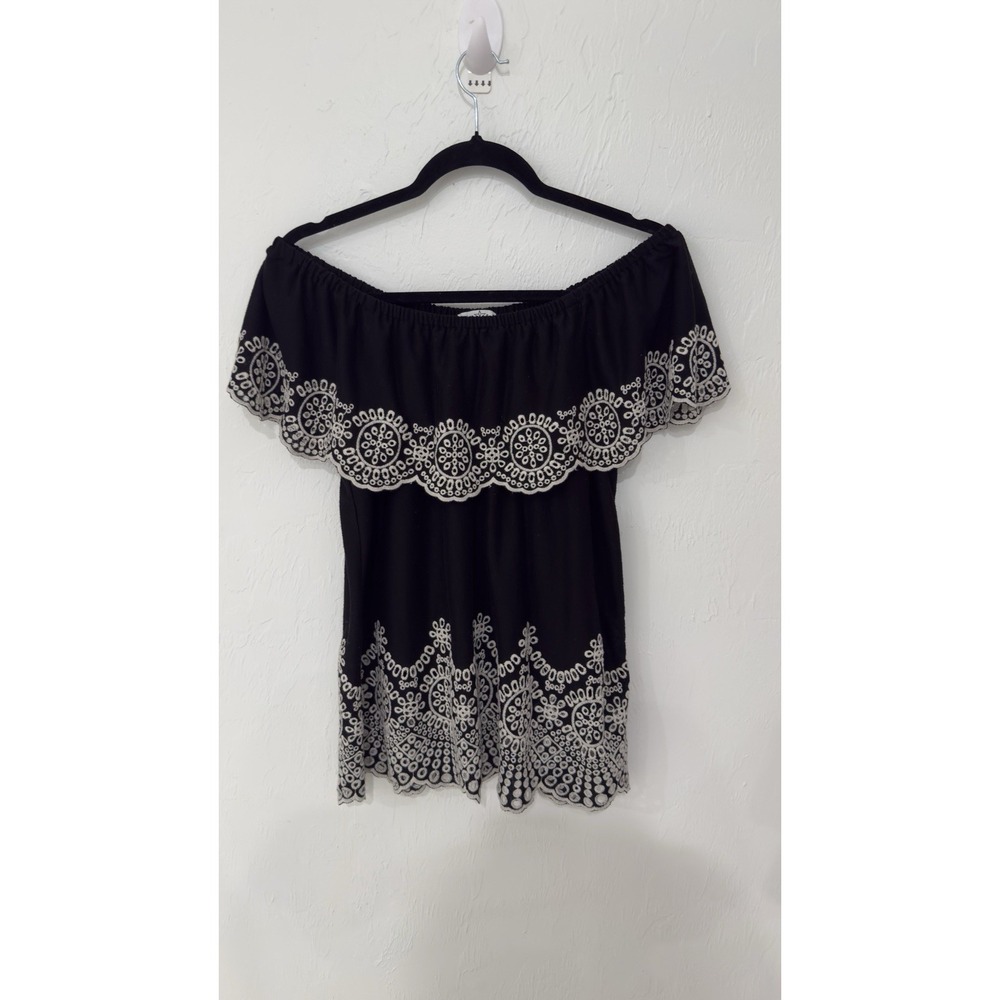 Fever Women Black White Eyelet Embroidered Off The Shoulder Boho Blouse Large - Picture 2 of 6